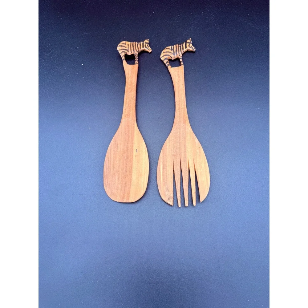 Hand Carved Wooden Zebra Salad Server Set 2 Piece Serving Spoon and Fork Animal